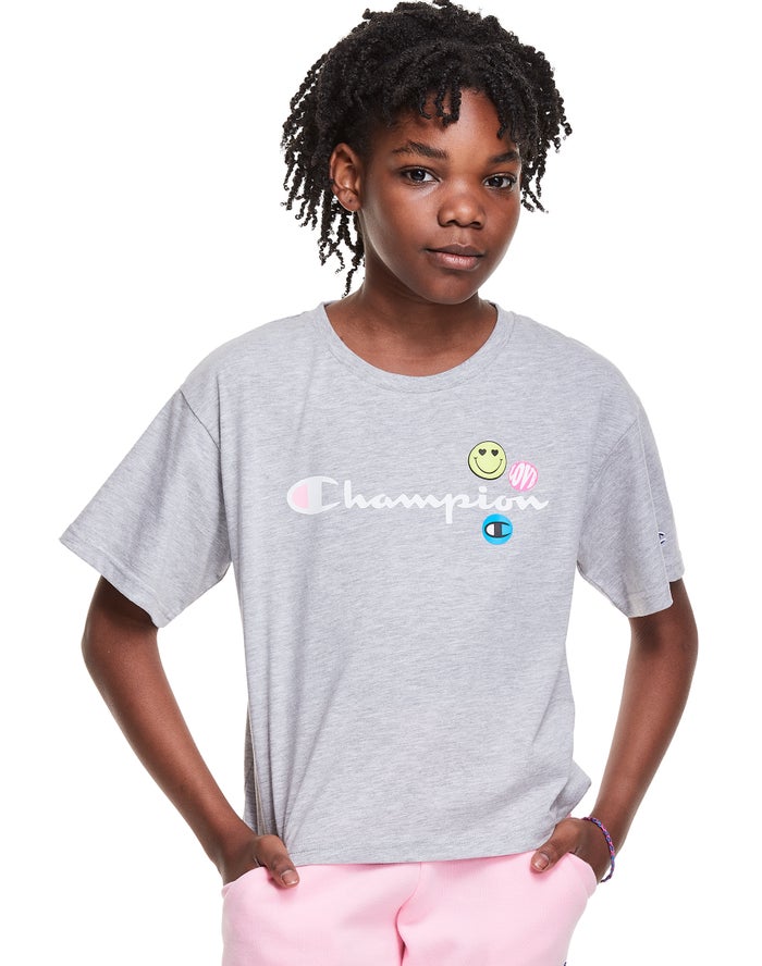 Champion T-Shirt Meisjes - Grijs - Boxy Smiley Face ( 190568-CYH )